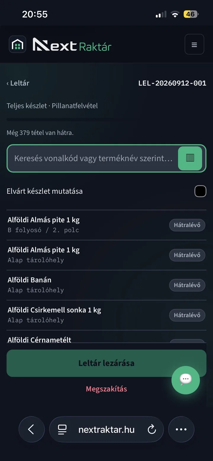 Egy folyamatban lévő leltár telefonon: „Még 379 tétel van hátra”, kereső vonalkódra vagy terméknévre a vonalkód-beolvasás gombjával, „Elvárt készlet mutatása” kapcsoló, a hátralévő termékek listája tárolóhellyel, alul a „Leltár lezárása” gomb.