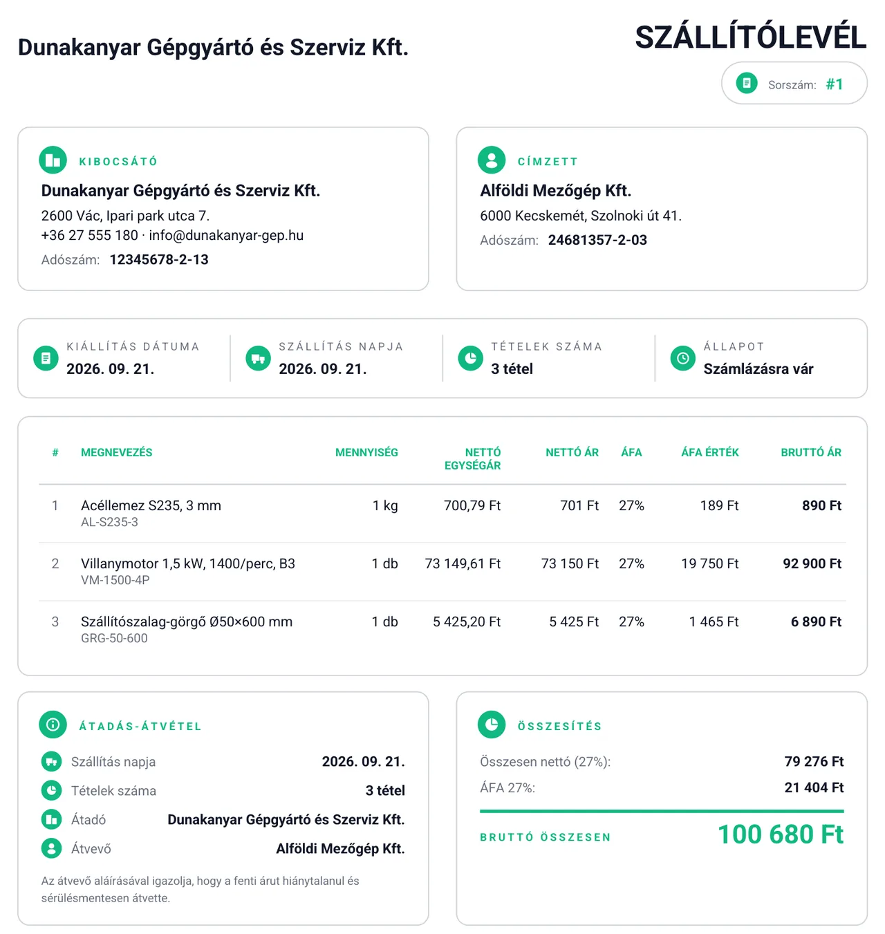 A nextraktárból készült szállítólevél PDF-je: fent a kiállító cég neve és a SZÁLLÍTÓLEVÉL cím sorszámmal; a kibocsátó és a címzett kártyája címmel és adószámmal; a kiállítás és a szállítás napja, a tételek száma és a „Számlázásra vár" állapot; a tételtábla megnevezéssel és cikkszámmal, mennyiséggel, nettó egységárral, nettó árral, áfával és bruttó árral; alul az átadás-átvétel adatai és az összesítés nettó összeggel, áfával és bruttó végösszeggel.